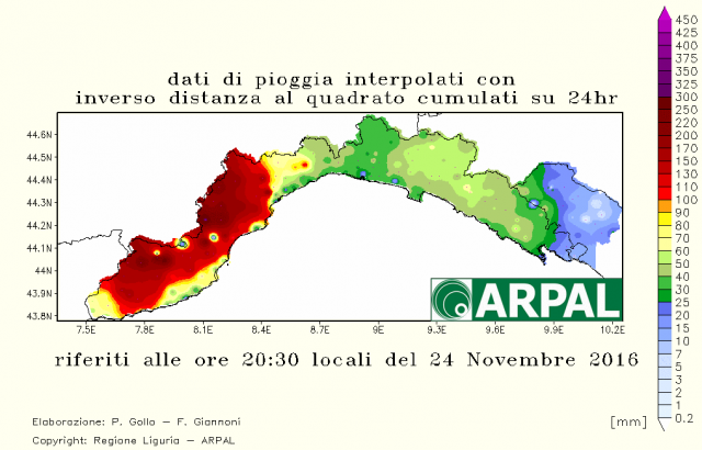 Piogge delle ultime 24 ore si superano i 300 mm a Calizzano