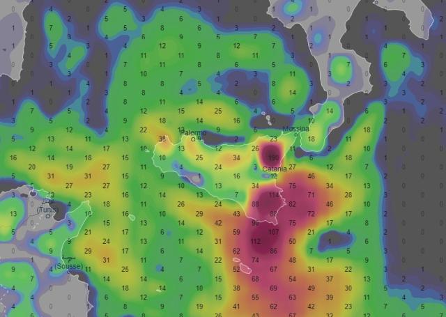 Proiezione accumuli pluviometrici totali in base alla previsione GFS fino a tutta la giornata del 13 ottobre. Elaborazione Ventusky