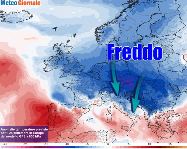 Le anomalie termiche all'altezza isobarica di 850 hPa previste per i primi giorni della settimana