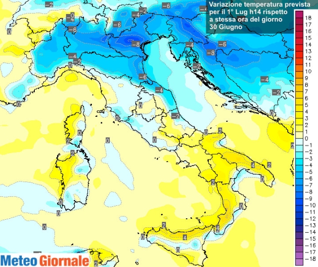 La variazione termica prevista per domenica 1° luglio rispetto al giorno precedente meno caldo al Nord più caldo al Sud